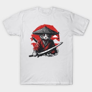 Retro Samurai Cat Katana Sunset Ninja Cat Warrior Cat Japanese Art T-Shirt